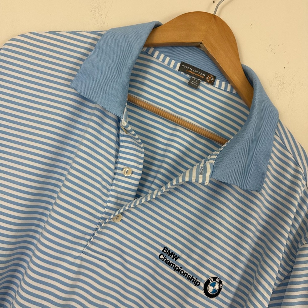 Peter Millar Polo Shirt Blue Stripe BMW Championship Logo Aronimink Mens XL
